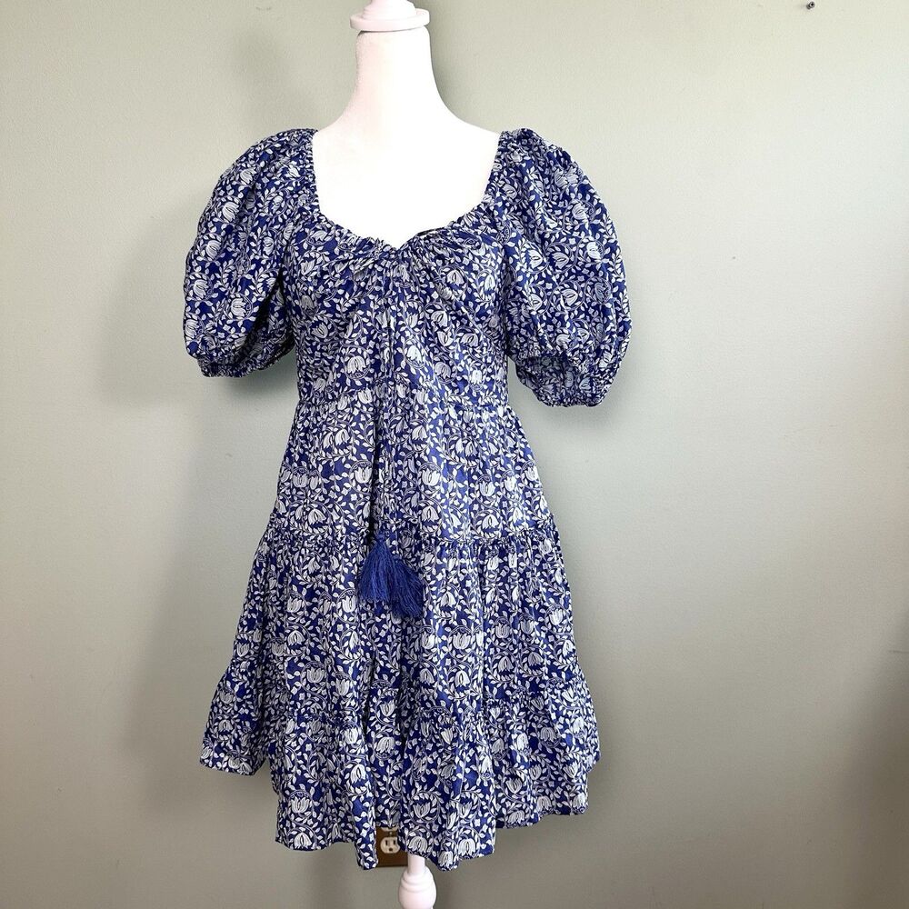 Zara Floral Mini Dress Womens Large Blue Cottagecore Milkmaid Puff Sleeve